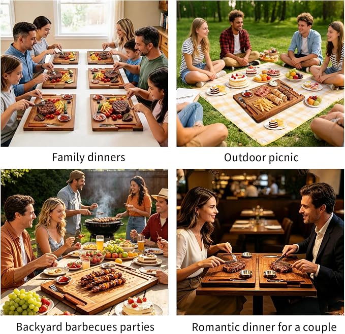 2 Set Acacia Wood Steak Plates Board with Knife Fork Ramekins,Knife-Friendly Food Serving Tray Deep Juice Groove Charcuterie Meat Cutting Boards for Dinner BBQ Party Restaurant & Housewarming Gifts