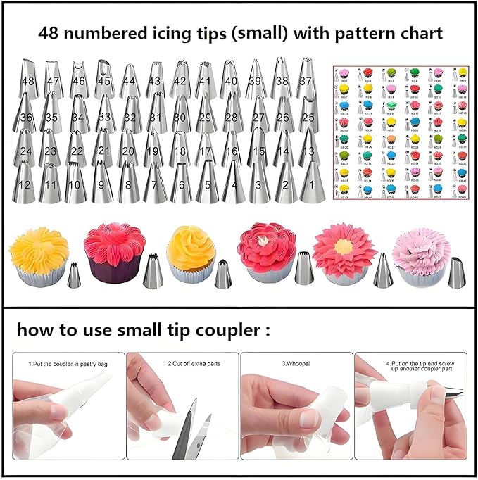 Piping Bags and Tips Set, 130 Pcs with 48 Numbered Icing Tips, 7 Russian Tips, 1 Ball Tip, 2 Leaf Tips, 8 Carved Pens, 4 Couplers, 50 Pastry Bags & More for Cake Cupcake Decorating