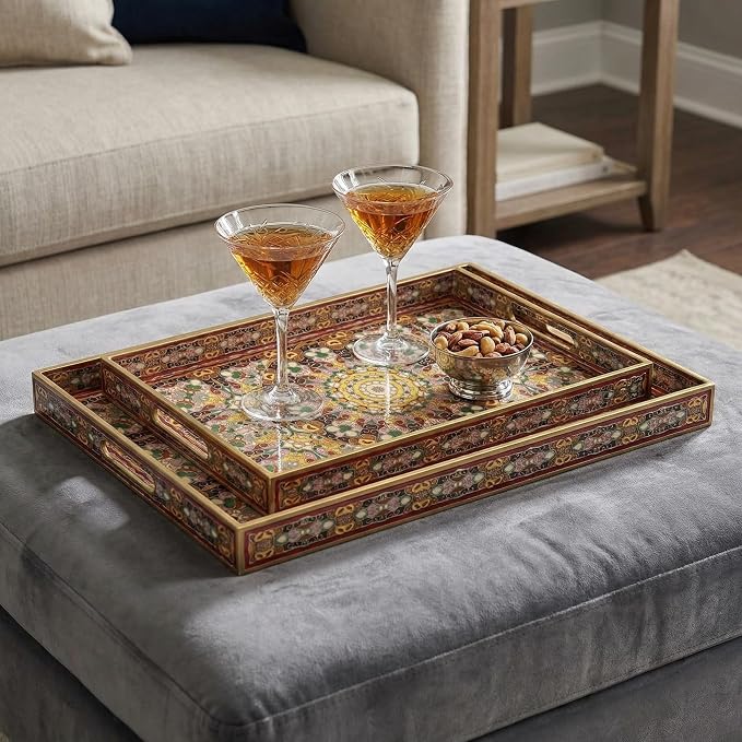 2pcs Boho Red Decorative Serving Tray, Modern Plastic Tray with Handles for Coffee Table, Living Room, Ottoman, Home Decor, Large, 15.7"*11.8"*1.6", Small 13.7"*9.8",