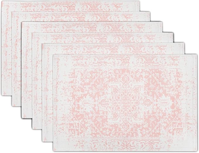 Gray Pink Boho Placemats Set of 6 Ethnic Bohemian Carpet Place Mats Washable Kitchen Dining Vintage Grey Geography Floral Linen Table Mats Stain Heat-Resistant for Home Party Indoor 12x18 in