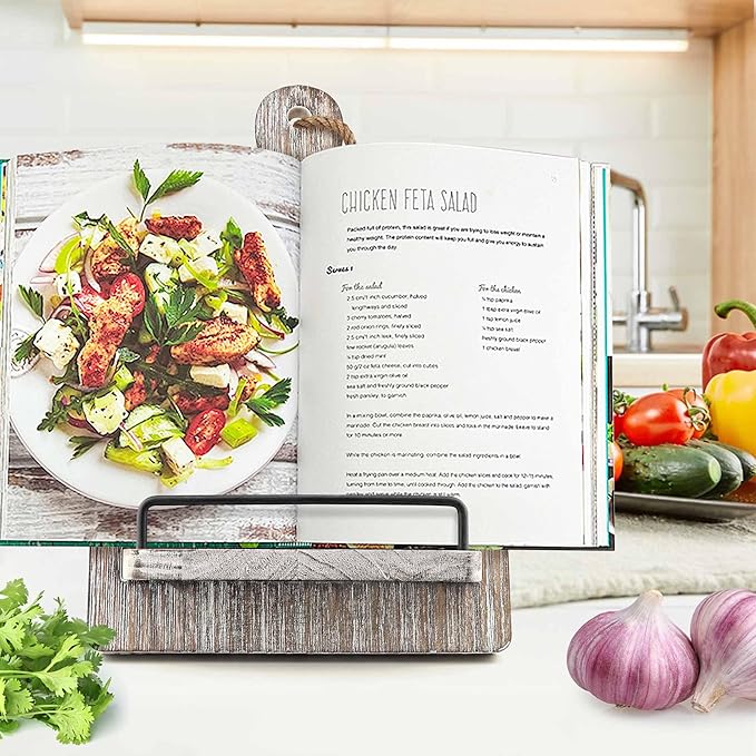 Cookbook Stand Recipe Book Holder for Kitchen Counter, Solid Wood Wooden Recipe Stand Keeps Cookbooks Open, Fits iPad & Tablet, Book Holder for Cooking, Kitchen & Dining Room