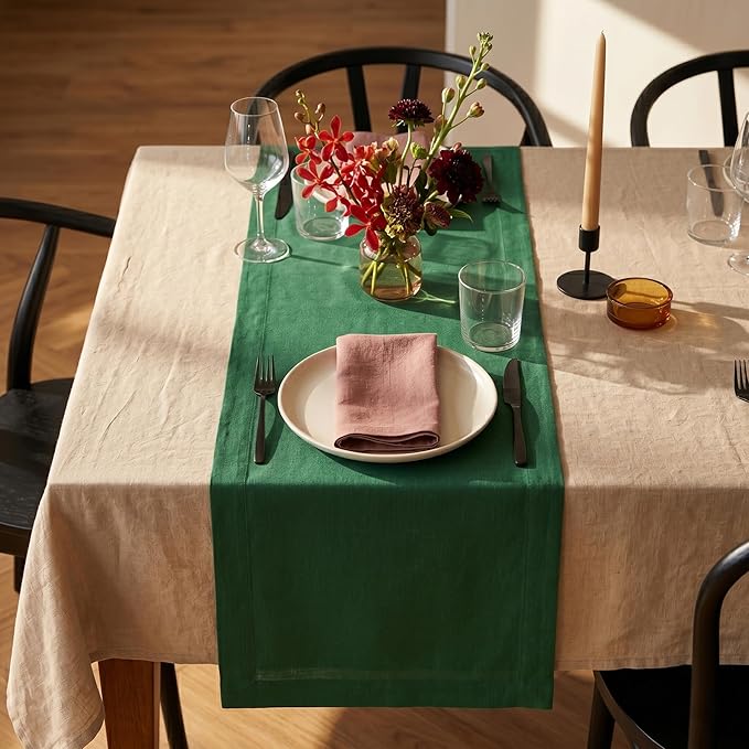 Solino Home Linen Pine Green Table Runner 90 Inches Long - 100% Pure Linen 14 x 90 Inch Table Runner - Fete