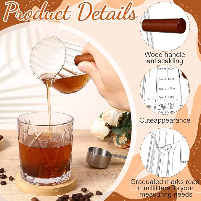 4 Pcs 6 Oz/180 ml Espresso Shot Glass with Wood Handle, Espresso Accessories, Single Spouts Milk Frother Measuring Cup with Clear Scale Heat Resistant for Coffee Milk Tea Syrup