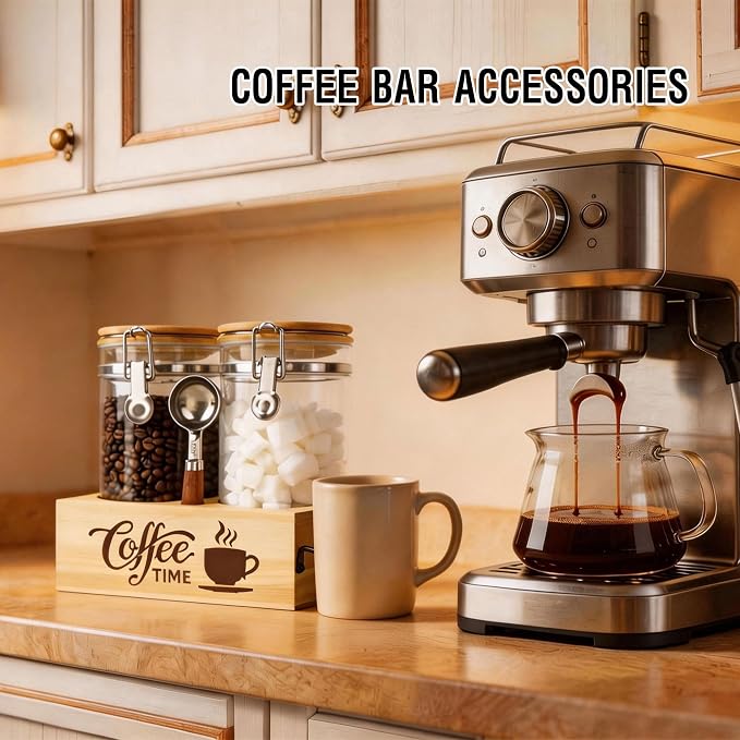 Glass Coffee Canister Set with Shelf & Spoon 2 Piece Coffee Containers for Coffee Bean Storage Airtight Seal, Coffee Bar Accessories Filter Holder for Kitchen Organization