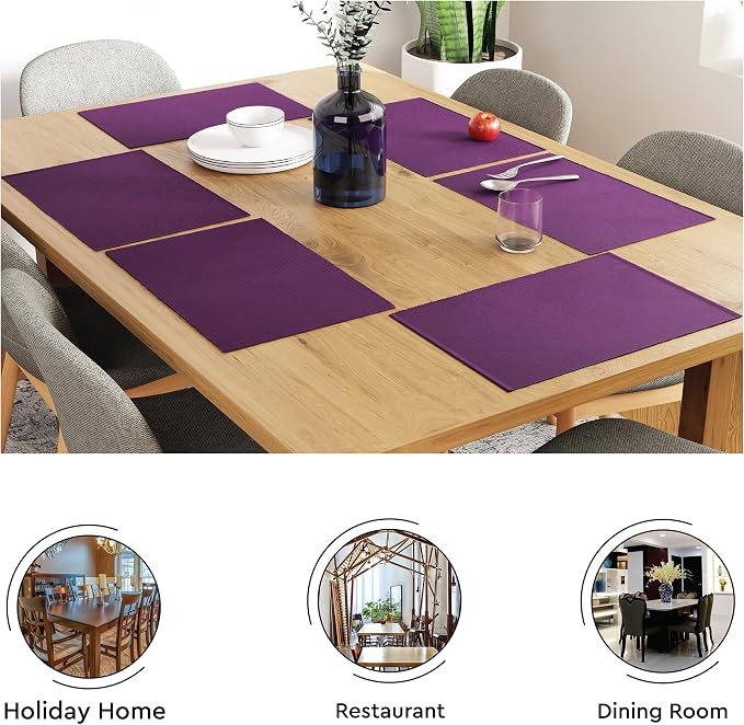 Encasa XO Dining Placemat Set of 6 | Purple Color | Fine Ribbed Cotton Table mat | Size 19x13 in | Machine Washable