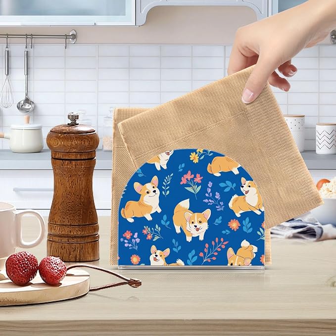 Cute Corgis Dog with Floral on Cobalt Blue Background Napkin Holder for Table Acrylic Cocktail Napkin Holders Small Decorative Napkin Dispenser for Home Party Holiday Dining Kitchen Accessor, 2 Pack