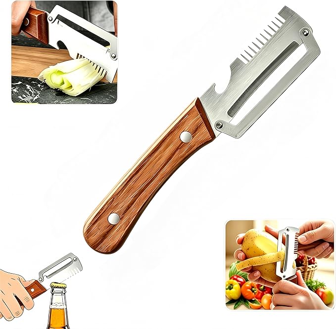 3-in-1 Multifunctional Vegetable Peeler with wooden grip, integrated grater and bottle opener. Practical kitchen tool for peeling, grating and opening bottles, perfect for fruits & vegetables. (1 PCS)