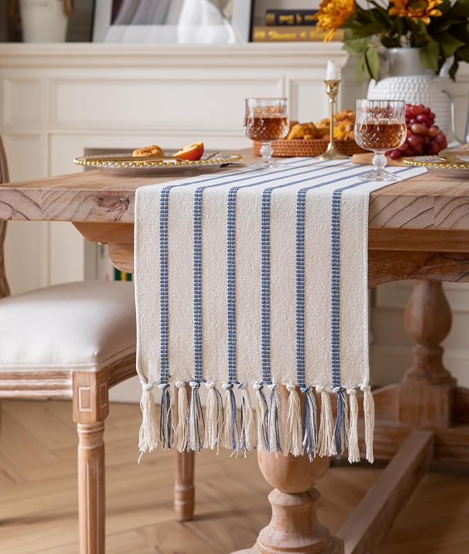 Caflife Boho Table Runner 72 Inchs Long Blue and Beige, Cotton and Linen Woven with Tassels, for Modern Rustic Farmhouse Neutral Table Runners, Bohemian Kitchen Dining Table Home Decor