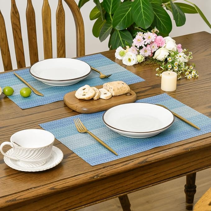 Bloss Blue Placemats Set of 4, Linen Woven Place Mats for Kitchen Table Indoor/Outdoor, 12" x 18" Washable Gradient Blue Placemat Dining Table Mats