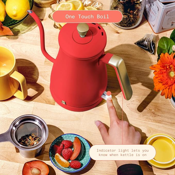 Electric Gooseneck Kettle 1 Liter 1200W Fast Boil with Precision Pour Spout, Stainless Steel Interior, Auto Shut-Off & 360° Swivel Base (Tomato Red)