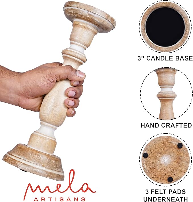 Mela Artisans 6”, 9” & 12” Mango Wood Pillar Candle Holder Set of 3 – Tuli Design Whitewashed – Wooden Candle Holders for Table, Mantel & Living Room Décor