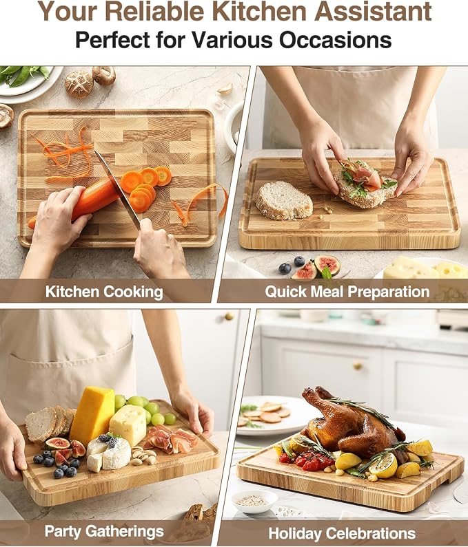 XINZUO Ash Wood Cutting Board, End Grain Butcher Block for Kitchen, 13.8" x 9.8" x 1", Thick Wooden Chopping Board with Juice Groove, Non-Slip Feet & Side Handles
