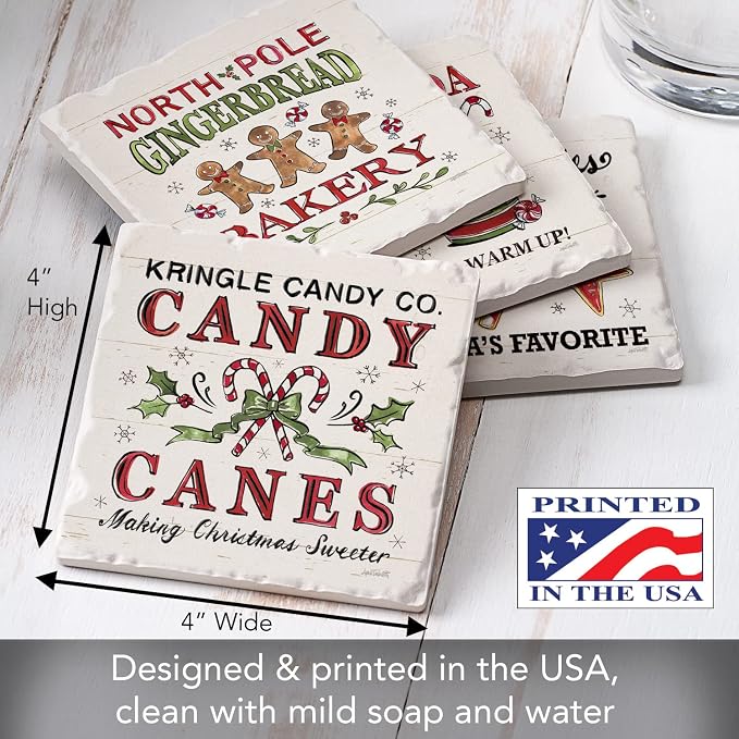 Thirstystone Holiday Treats 4 Pack Assorted Tumbled Tile Stone Coasters with Protective Cork Backing 4" Square Manufactured in the USA