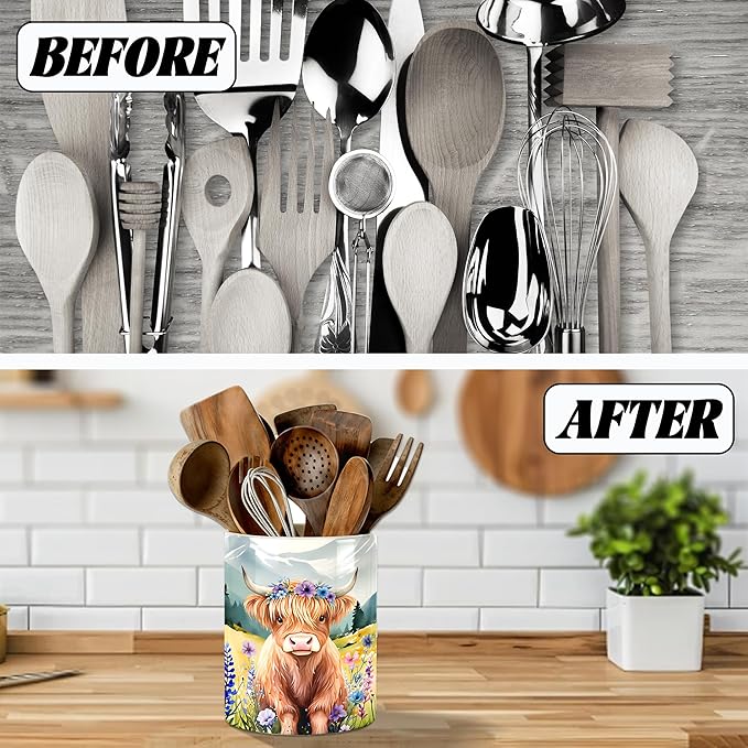Highland Cow Utensil Holder, Cows Ceramic Kitchen Utensil Holder, Utensil Crock for Home Kitchen Countertop Storage Organizer Container, Large Holder for Spatulas, Spoons, Kitchen Counter Decor, 6"