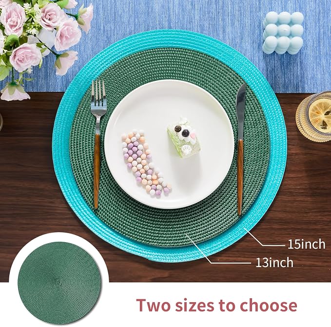 FunWheat Round Braided Placemats Set of 6 Place Mats for Dining Tables Woven Washable Non-Slip Table mats Small 13 inch(S Green, 6pcs)