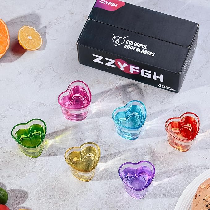 ZZYFGH 6 Pack Colorful Shot Glasses, 1.5 oz Heavy Base Shot Glasses Set, Heart Shaped Shot Glasses Set, Tequila Cups Small Glass, Shot Glasses for Whiskey, Vodka, Spirits & Liquors, Mother's Day Decor