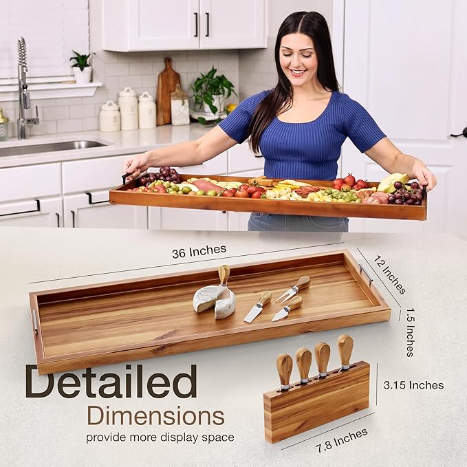 TIDITA Acacia 36 Inch Large Charcuterie Boards for Party with Cheese Knife Set of 4 – Acacia Wood Serving Tray with Handles, Long Charcuterie Board, Wooden Cheese Board