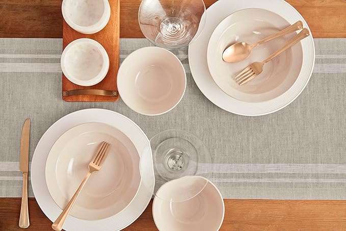 Solino Home Linen Table Runner 90 Inches Long - French Stripe, 100% Pure Linen White and Natural Farmhouse Table Runner 14 x 90 Inch Ideal for Dining, Spring, Summer