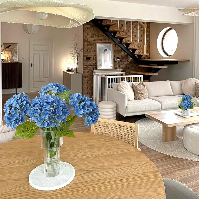 JINWOE Savoy Blue Boho Artificial Hydrangeas Flowers, 4Pcs 20" Real Touch Lifelike Silk Artificial Hydrangeas, Full Fake Flowers for Bouquets Table Centerpieces Spring Wedding Indoor Home
