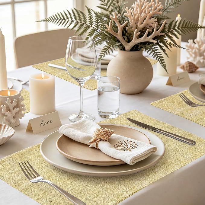 homing Faux Cotton Linen Placemats Set of 6, Cloth Washable Farmhouse Dining Table Mats for Indoors & Outdoors, Easy to Clean, Lemon Yellow, 13 x 19 Inch