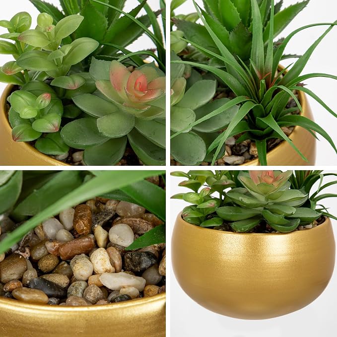 Briful Fake Succulents in Gold Metal Pot, Artificial Succulent Plants Arrangement for Home Decor, Small Faux Potted Plants Tabletop Centerpiece, Desk Office Bathroom Shelf Decorations