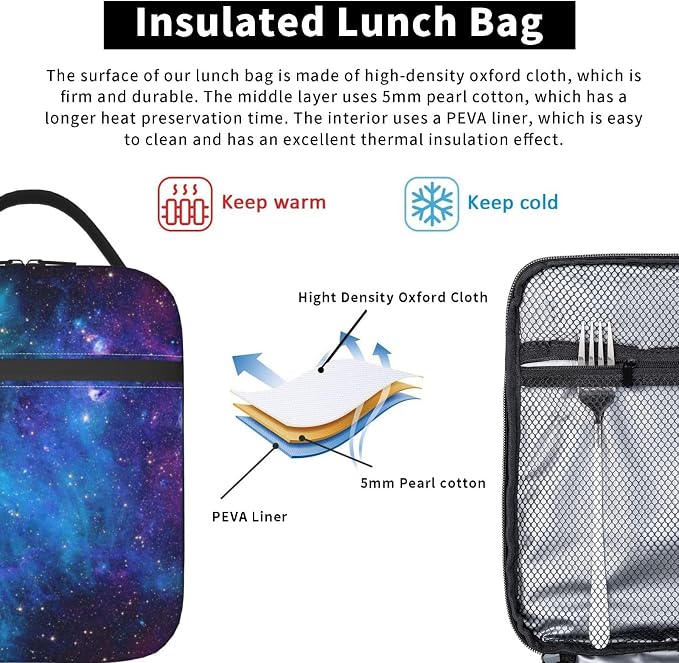 Abstract Blue Outer Space Galaxy Star Insulated Lunch Bag Portable Reusable Zipper Lunch Box For Men Women Work Picnic Travel Camping