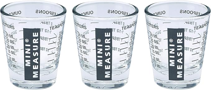 Kolder Mini Measure Heavy Glass, 20-Incremental Measurements Multi-Purpose Liquid and Dry Measuring Shot Glass, Black, Set of 3