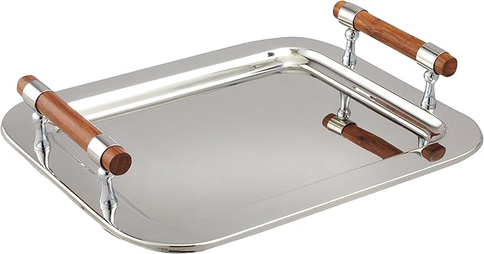 Elegance Stainless Steel Rectangular Tray with Wood Handles, 16.5 by 13-Inch, Silver