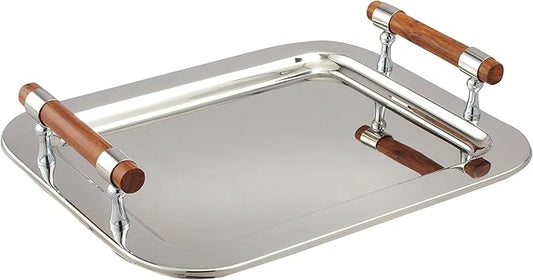 Elegance Stainless Steel Rectangular Tray with Wood Handles, 16.5 by 13-Inch, Silver