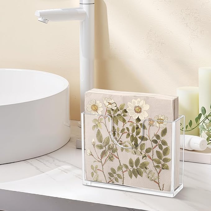 Clear Acrylic Napkin Holder for Table, Elegant Non-Slip Guest Towel Tray for Bathroom, Waterproof Vertical Tissue Dispenser for Kitchen, Dining, Bar, Office or Restaurant Square with rounded corners