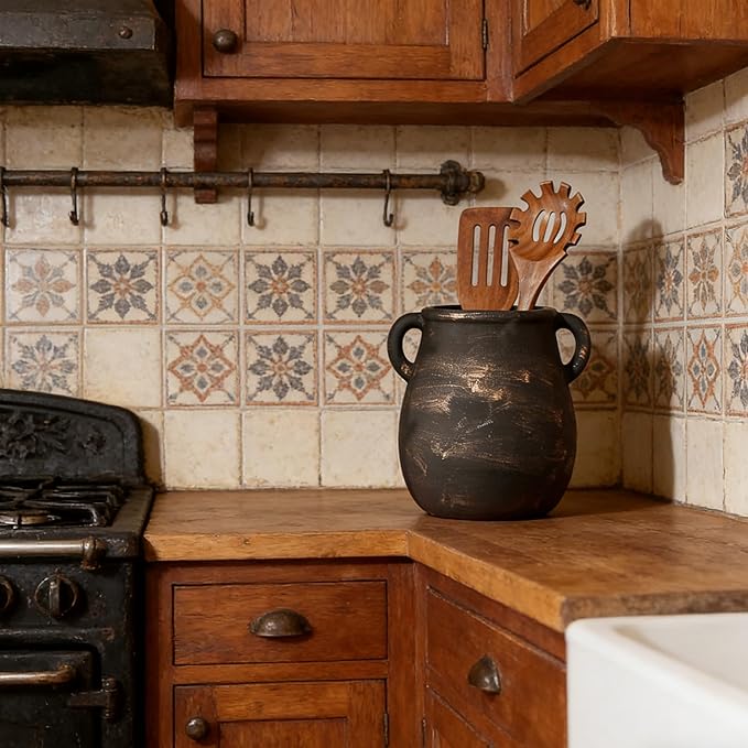 Rustic Kitchen Utensil Holder for Countertop, Ceramic Utensil Crock for Kitchen Counter,Farmhouse Spatula Organizer for Countertop, Vintage Crock Decor, Ideal Housewarming Gift (Black)