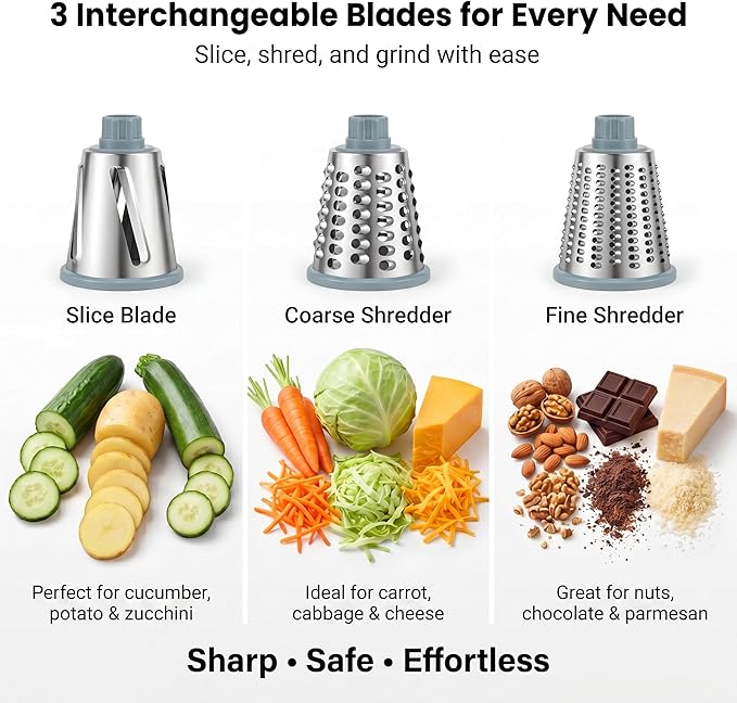 Rotary Cheese Grater Hand Crank, Cheese Shredder Stainless Steel with 3 Interchangeable Blades, Manual Food Grater and Shredder, Potato Shredder, Vegetable Cutter, Countertop Suction Base