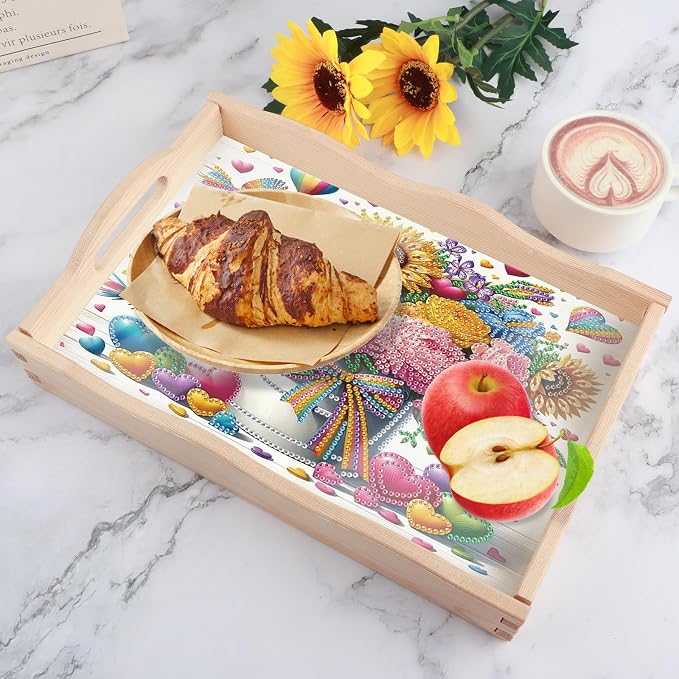 DIY Diamond Serving Tray Rectangular Breakfast Tray with Handle Handmade Diamond Art Painting Wooden Tray for Dinner Plate Coffee Room Living Home Organizer-Bouquet