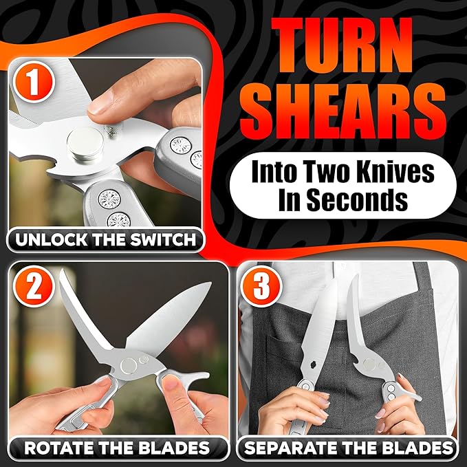 Heavy Duty Poultry Shears – Kitchen Shears Dishwasher Safe, Spring-Loaded, 3Cr14 Steel, Micro-Serrated, Separates for Easy Cleaning | Bone Scissors for Chicken, Turkey, Seafood & Fish Scale (Silver)
