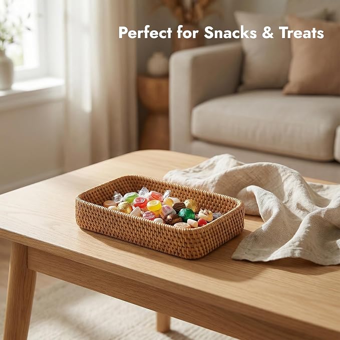 8.3" x 4.3" Small Natural Rattan Storage Tray, Decorative Handwoven Wicker Organizer Keys Tray Catchall, Shallow Rectangular Tray for Snack, Accessories Bathroom & Vanity, Entryway (XS)
