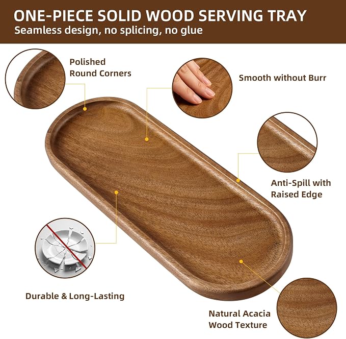 TJ POP Acacia Wooden Tray - 11.4” x 4.1” Oval Decorative Tray for Counter, Solid Wood Serving Tray for Coffee Table, Snacks & Drinks, Rustic Serving Platter for Party, Holiday & Everyday Use