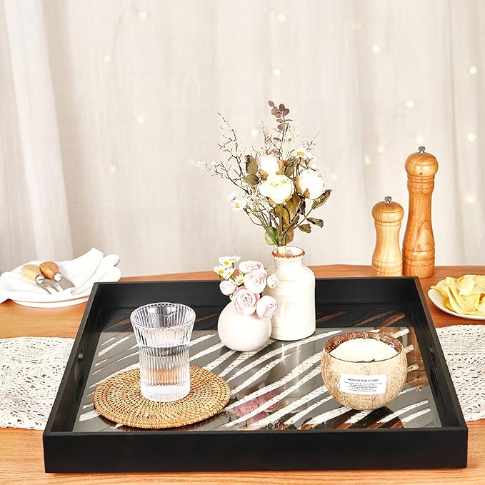 Wooden Extra Large Serving Tray with Handles, Oversized Wood Couch Ottoman Tray for Living Room, Decorative Tray for Coffee Table Kitchen Counter (20"-Classic Black)