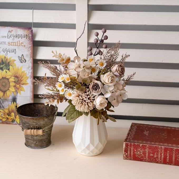 Small Fake Silk Flowers Bouquet with Vase, Faux Centerpieces with Roses, Dandelions, Hydrangea, Daisies, Eucalyptus, Hollyberries - Artificial Floral Arrangements for Home Kitchen Decor