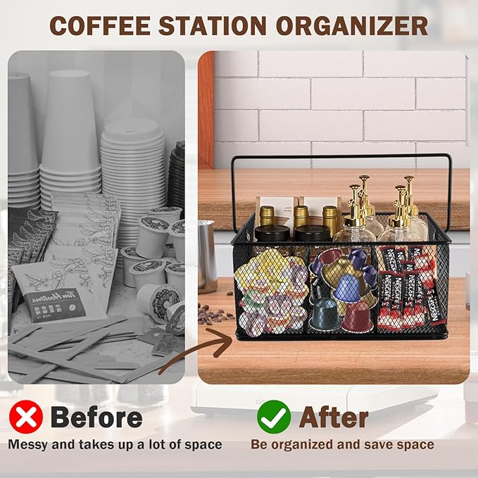 Coffee Bar Organizer,Metal Mesh Snack Organizer Basket with Hideaway Handle,Large Capacity Coffee Snack Holder for Countertop,Coffee Pods,Tea Condiment,Snack Bar,Kitchen Pantry Storage(Black)