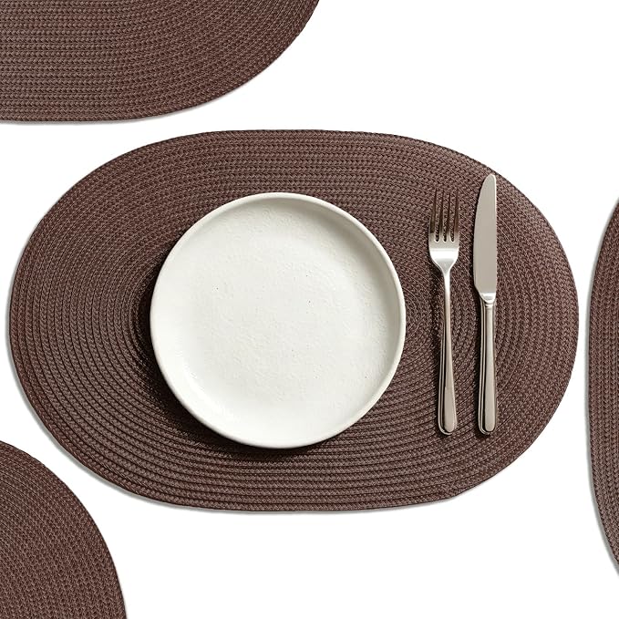 AHHFSMEI Placemats Set of 4 for Dining Table Washable Woven Non-Slip 18x12 inches Placemat Heat-Resistant Durable Table Mats for Dining Table Easy to Clean (Oval Brown, 4)