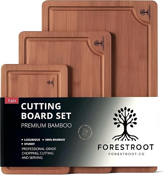 Bamboo Cutting Board Set – 3-Piece Wooden Kitchen Boards for Meal Prep & Serving – Durable Bamboo with Deep Juice Groove & Side Handles – Great for Meat, Vegetables & Charcuterie (Brown)