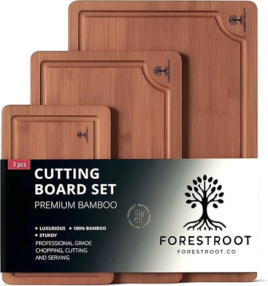 Bamboo Cutting Board Set – 3-Piece Wooden Kitchen Boards for Meal Prep & Serving – Durable Bamboo with Deep Juice Groove & Side Handles – Great for Meat, Vegetables & Charcuterie (Brown)