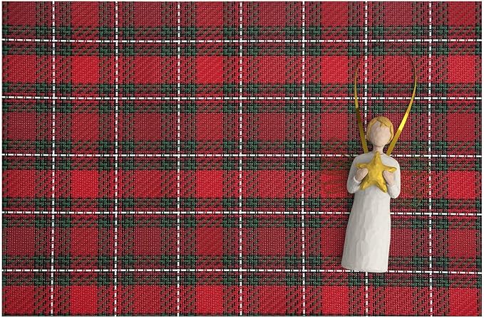 AHHFSMEI Placemats Set of 6 Washable Woven Vinyl Placemats for Dining Table Heat Resistant Non-Slip Stain Resistant Table Mats for Kitchen & Home Decor(Red Gird,6)