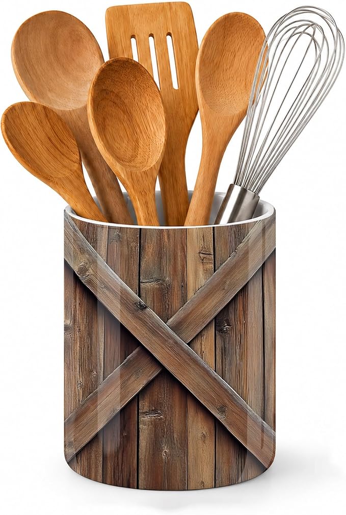Vintage Barn Door Kitchen Utensil Holder,Wooden Large Ceramic Utensil Crock for Countertop,Cooking Utensil Organizer for Spatulas,Spoons