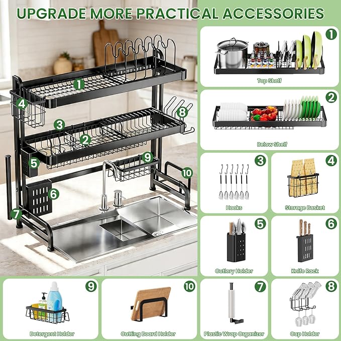 Over The Sink Dish Drying Rack, Adjustable 3 Tier Large Capacity Stainless Steel Drainer with Cutlery/Utensil/Cup Holder Hooks, Kitchen Storage & Organization, 25"-38" L x 11" W x 37.5" H, Black