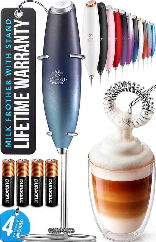 Zulay Kitchen Powerful Milk Frother Wand With Duracell Batteries - Ultra Fast Handheld Drink Mixer - Electric Whisk Foam Maker for Coffee, Lattes, Cappuccino & Matcha - Z1 Motor - Deep Sea