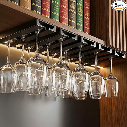 5 Pack Wine Glass Holder Under Shelf, Wine Glass Rack Under Cabinet Stemware Rack Punch Free Plastic Glassware Drying Hanger for Bar Restaurant Kitchen(Black)