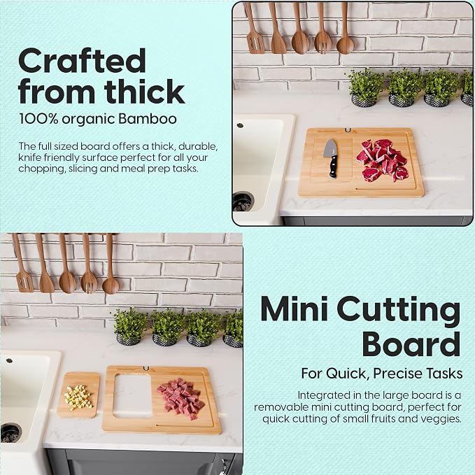 Bamboo Cutting Board Set with Knife Sharpener – Thick Wood Boards with Juice Groove, Silicone Container & Handles Non-Toxic Over Sink Design Ideal Kitchen Gifts