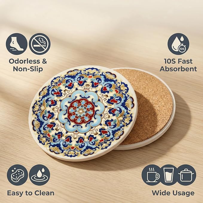 Ceramic Coasters Set of 4 with Cork Base, Absorbent Drink Coaster for Home Decors, Non-Slip Decorative Coasters for Coffee, Wine, Tea Cups, 4 Inch Round Blue Vintage Pattern