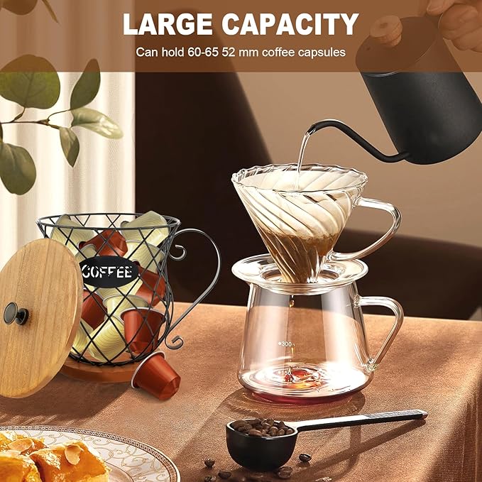 Coffee Pod Holder Coffee Pod Holder with Lid and Handle Large Capacity Coffee Capsules Holder Coffee Pods Storage Organizer for Home Office Countertop Decor (Black with Lid)